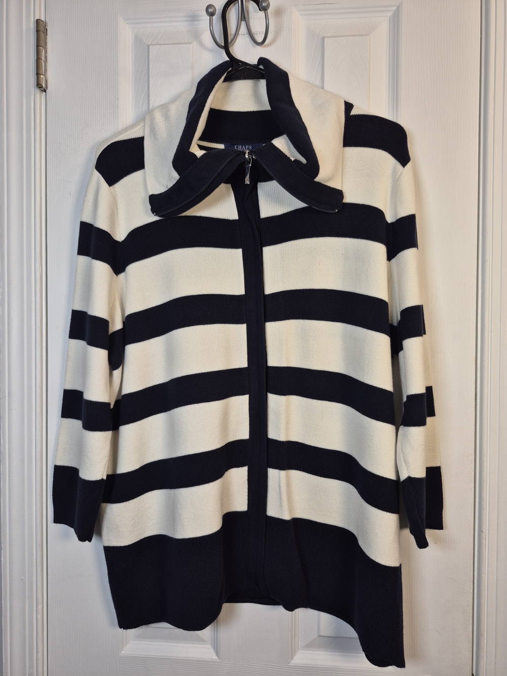 ​Chaps Navy Blue Cream Striped Full Zip Knit Cardigan Sweater 2X Coastal Prep